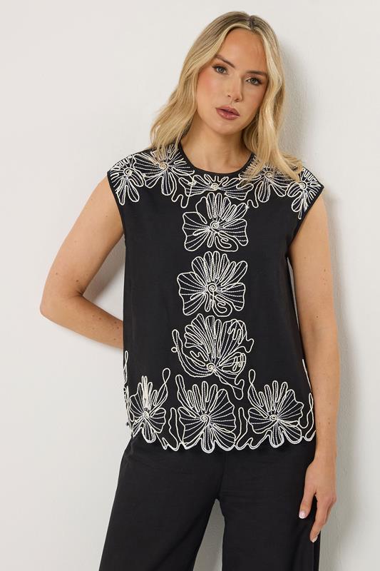 LTS Tall Women's Black Floral Embroidered Linen Top | Long Tall Sally 1