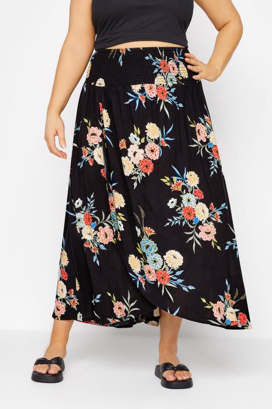 Großen Größen  Curve Black Floral Shirred Waist Maxi Skirt Size 14-40