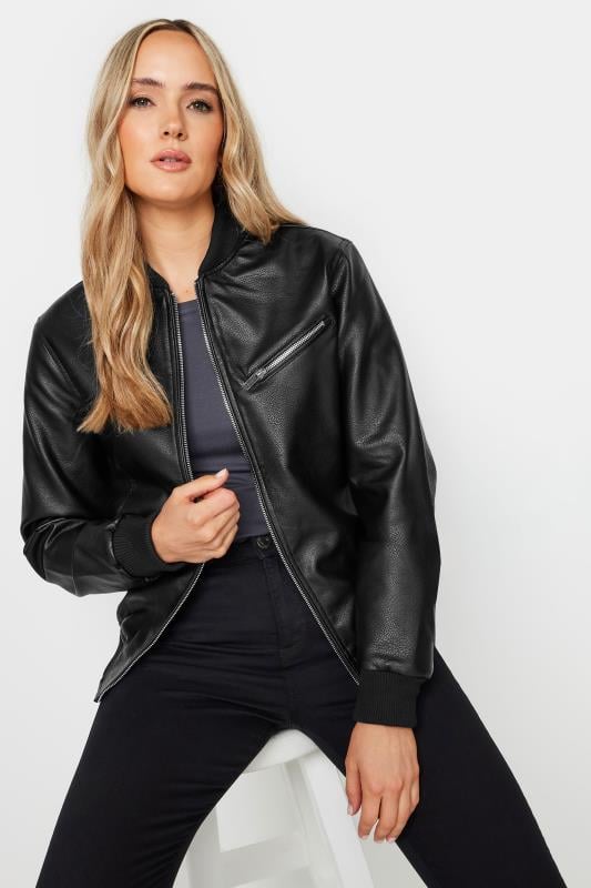 LTS Tall Black Pu Leather Bomber Jacket | Long Tall Sally 3