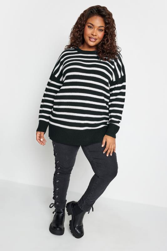 YOURS Plus Size Black Stripe Drop Shoulder Knitted Jumper | Yours Clothing 3