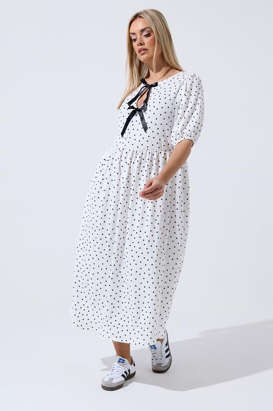 LIMITED COLLECTION Plus Size Ivory White Polka Dot Bow Dress | Yours Clothing 1