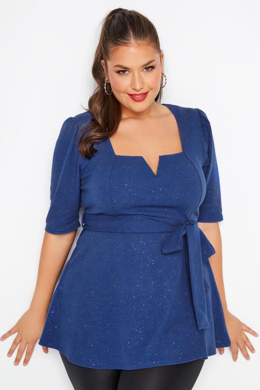 YOURS LONDON Plus-Size Curve Blue & Gold Glitter Peplum Top | Yours Clothing 4