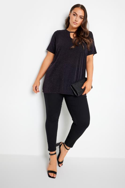 YOURS Plus Size Purple Cut Out Neck Glitter Top | Yours Clothing