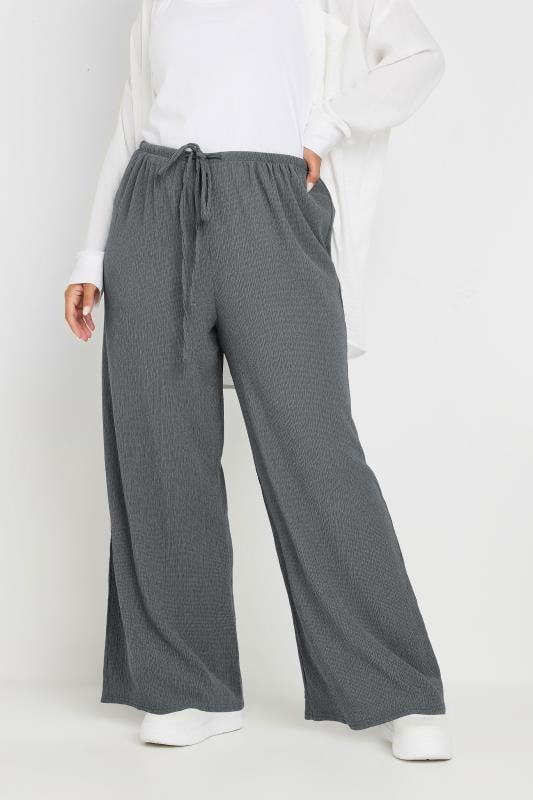 YOURS Plus Size Grey Textured Wide Leg Trousers | Yours Clothing 1