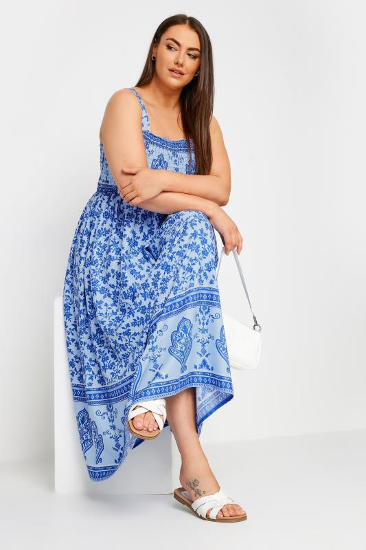 LIMITED COLLECTION Plus Size Blue Floral Print Shirred Maxi Dress | Yours Clothing 2