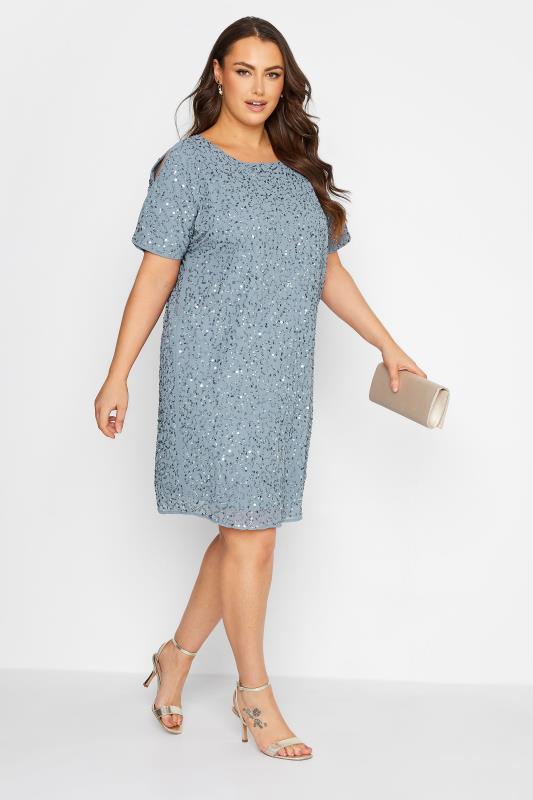  LUXE Curve Light Blue Sequin Hand Embellished Cape Dress