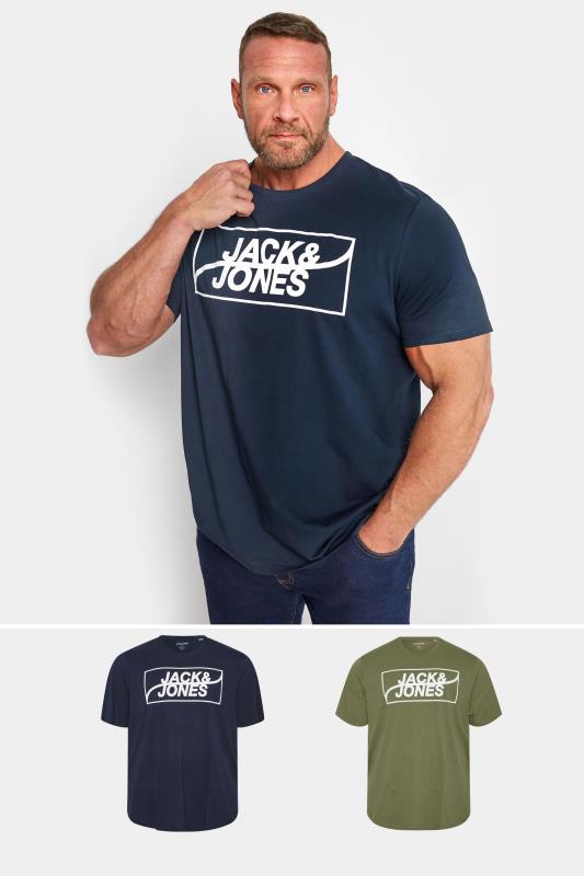 JACK & JONES Big & Tall 2 PACK Navy Blue & Khaki Green Logo T-Shirts_MS.jpg