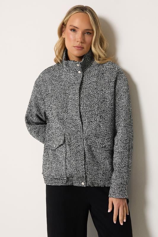 LTS Tall Women's Black Herringbone Funnel Neck Jacket | Long Tall Sally 1