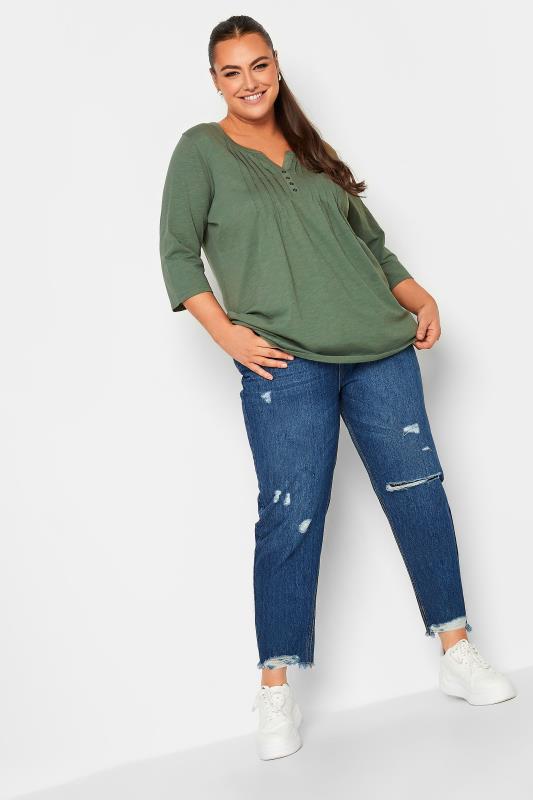 Plus Size YOURS Khaki Green Pintuck Button Henley T-Shirt | Yours Clothing 2