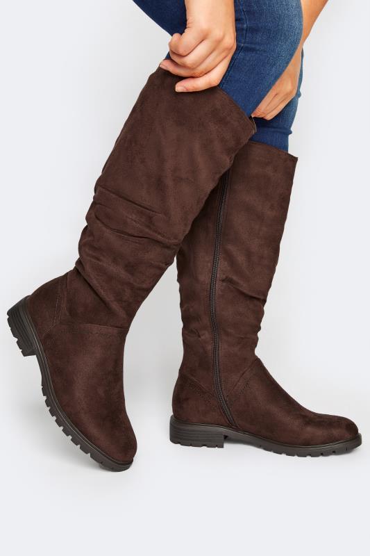 Plus Size  Chocolate Brown Ruched Cleated Boots In Wide E Fit & Extra Wide EEE Fit