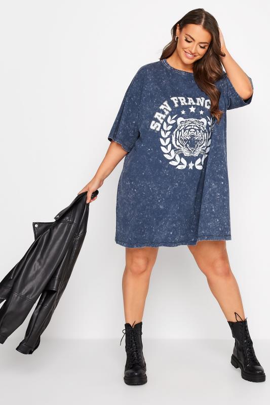 Plus Size Navy Blue Acid Wash 'San Francisco' Oversized Tunic T-Shirt Dress | Yours Clothing 5