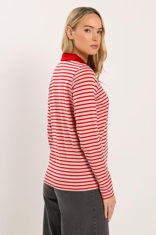 LTS Tall Women's Red and Pink Stripe Polo Cotton T-Shirt | Long Tall Sally 4