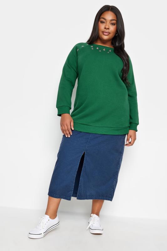 YOURS Curve Pine Green Eyelet Detail Sweatshirt | Yours Clothing 2