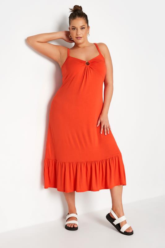 LIMITED COLLECTION Curve Bright Orange Ring Detail Midaxi Dress 2