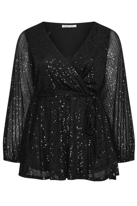 YOURS LONDON Plus Size Black Wrap Sequin Top | Yours Clothing 5