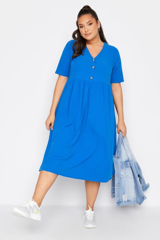 Plus Size  LIMITED COLLECTION Curve Cobalt Blue Ribbed Peplum Midi Dress