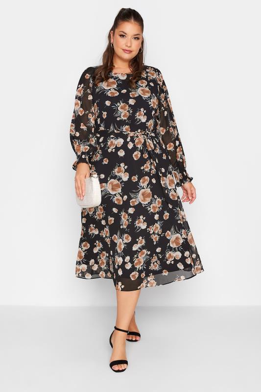 YOURS LONDON Plus Size Curve Black Floral Long Sleeve Dress | Yours Clothing 2