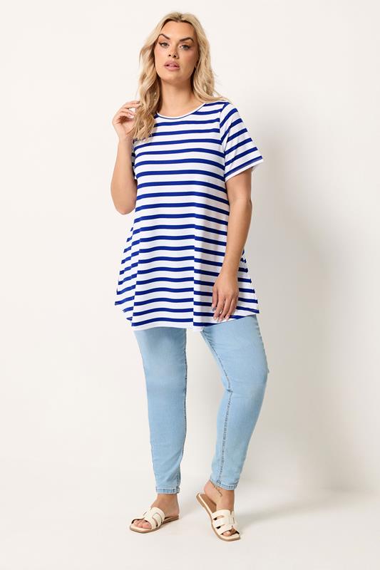 Yours Plus Size Blue Stripe Swing T-Shirt | Yours Clothing 1