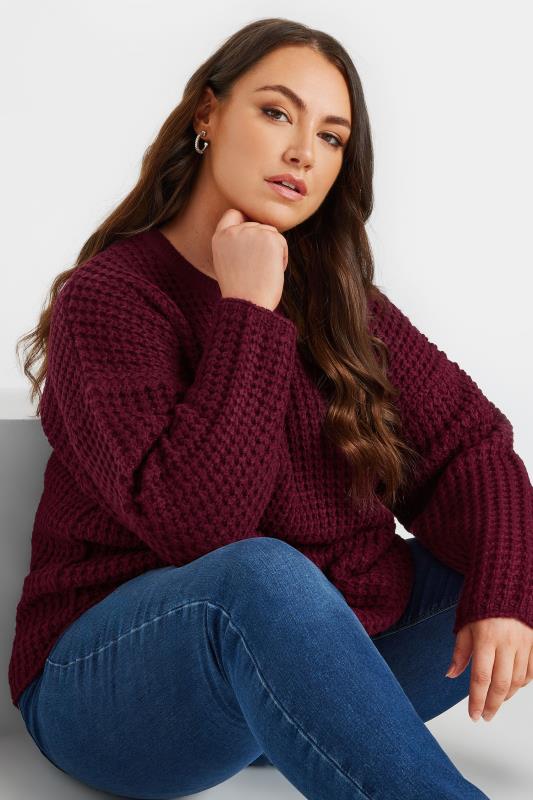  YOURS Curve Burgundy Red Waffle Knit Jumper