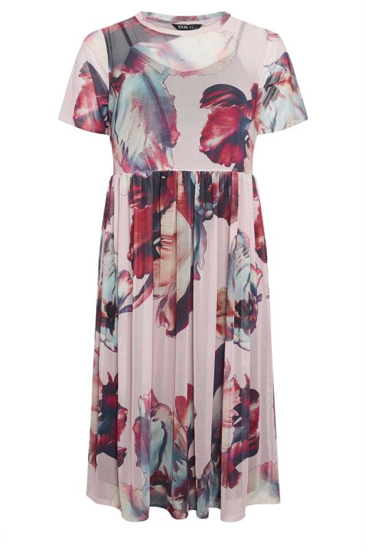 YOURS Plus Size Pink Abstract Floral Print Mesh Smock Dress | Yours Clothing 5