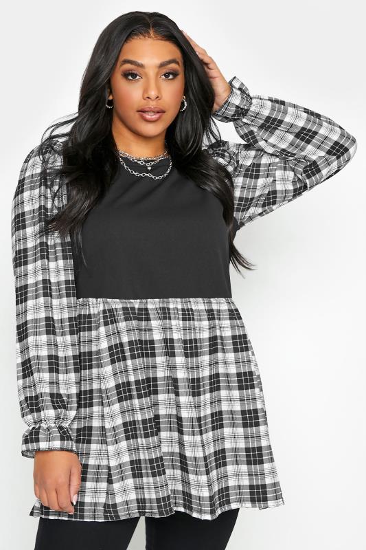 LIMITED COLLECTION Black Check Balloon Sleeve Peplum Top_A.jpg