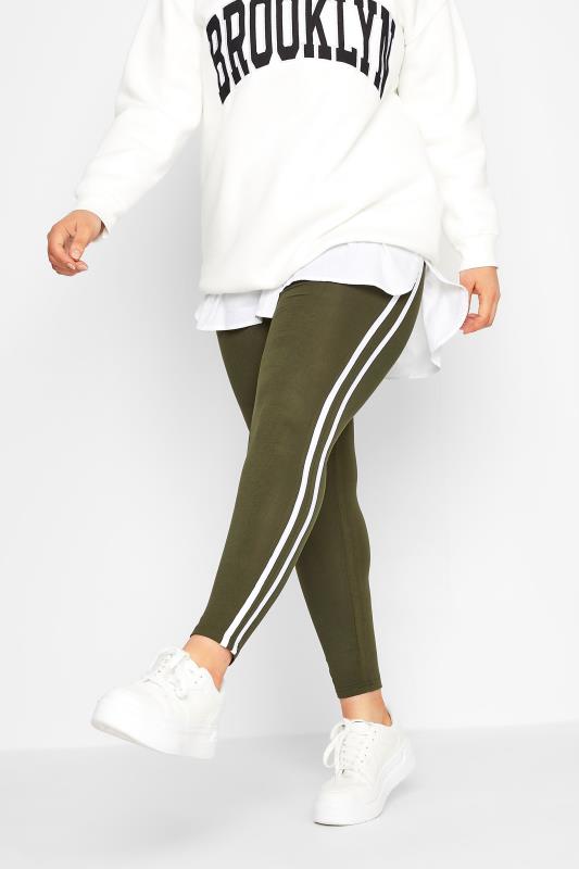 Plus Size  YOURS Curve Khaki Green Stretch Jersey Tape Leggings