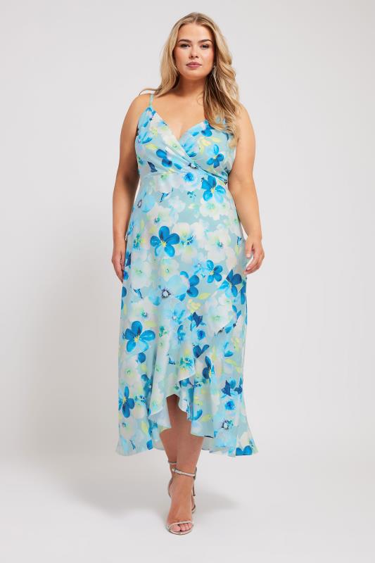 YOURS LONDON Plus Size Blue Floral Print Ruffle Wrap Dress | Yours Clothing 2