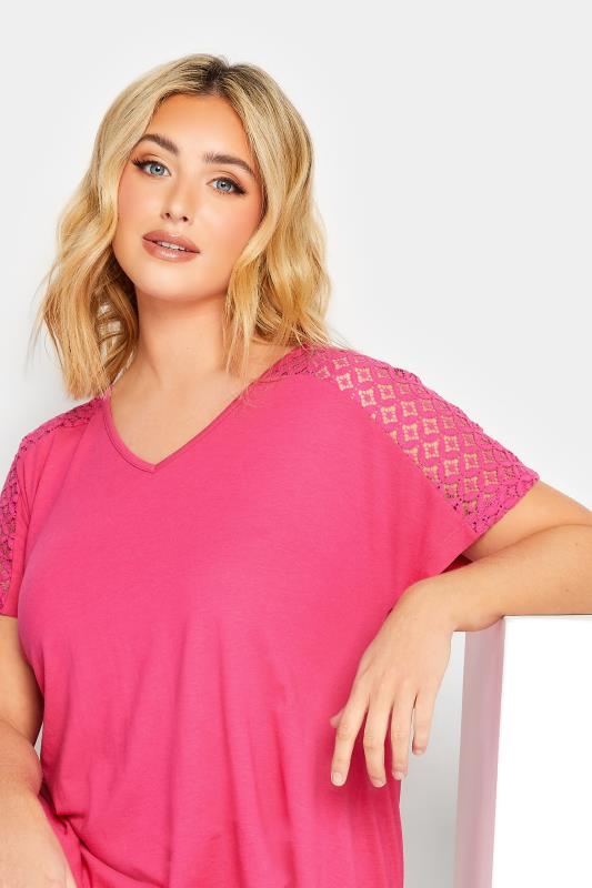 YOURS Plus Size Pink Lace Sleeve Bubble Hem T-Shirt | Yours Clothing 4