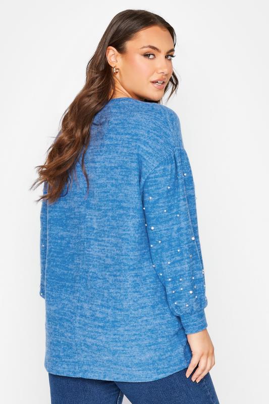 Plus Size Blue Pearl & Diamante Embellished Sleeve Jumper | Yours Clothing  3