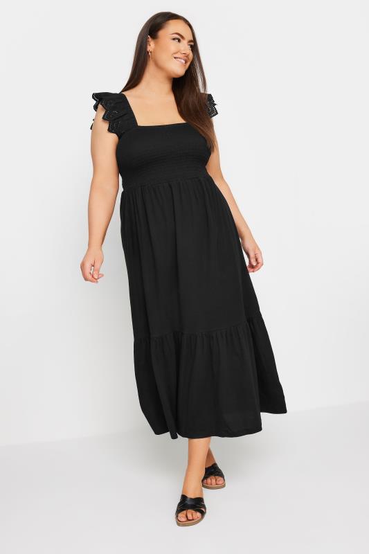 YOURS Plus Size Black Frill Sleeve Shirred Midaxi Dress | Yours Clothing 2