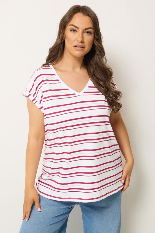 YOURS Curve White & Pink Stipe V-Neck T-Shirt