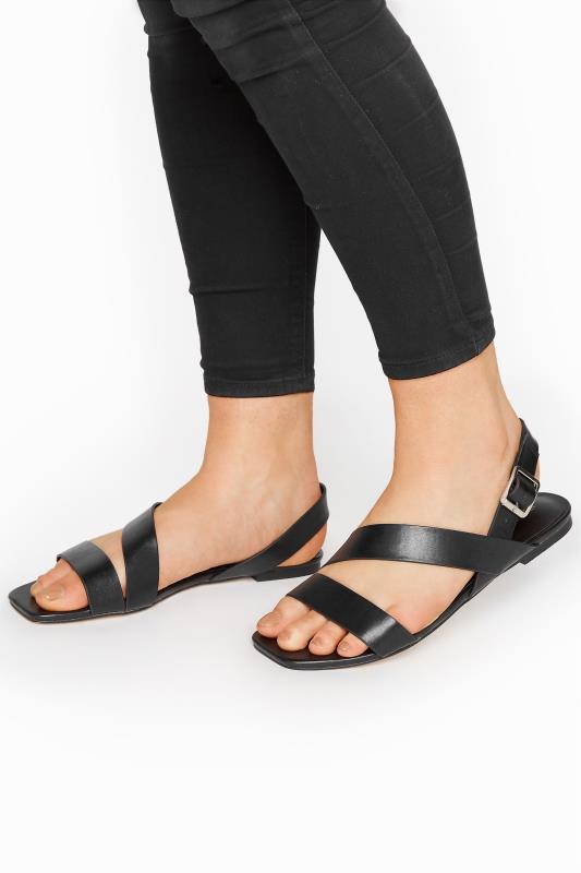 LTS Black Crossover Strap Sandals In Standard Fit | Long Tall Sally 1