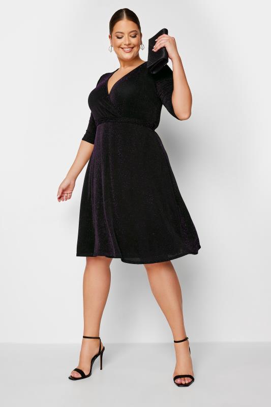 YOURS LONDON Curve Black & Purple Glitter Wrap Dress | Yours Clothing 1