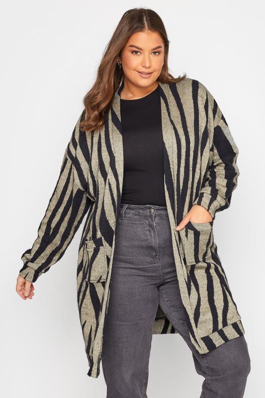  Grande Taille LTS Tall Black & Beige Brown Marble Print Cardigan