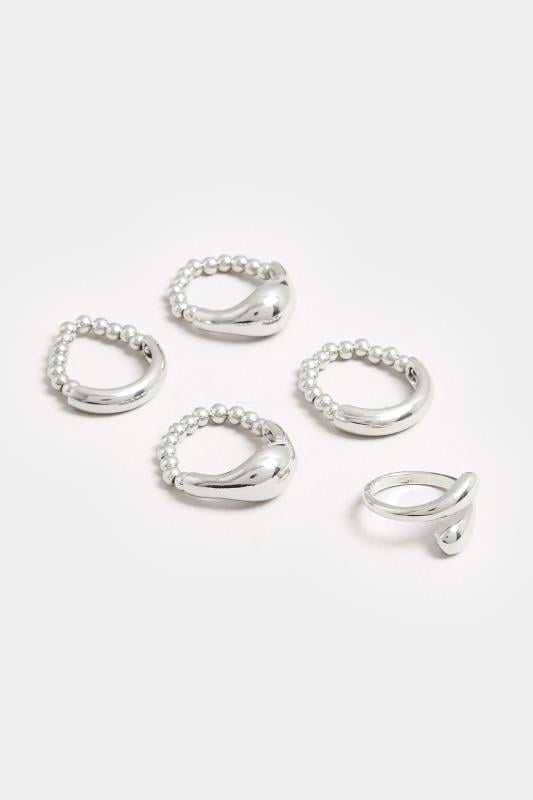 5 PACK Silver Tone Stretch Statement Rings | Yours Clothing 1