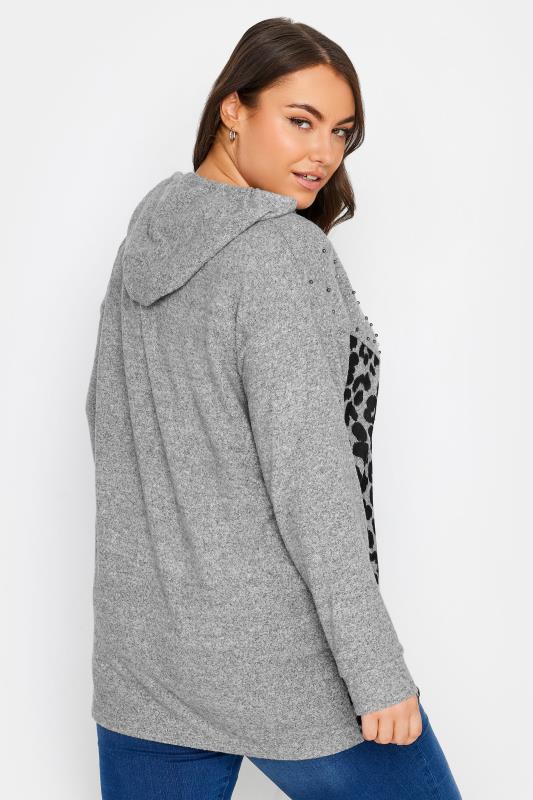 YOURS Plus Size Grey Leopard Print Stud Hoodie | Yours Clothing 3