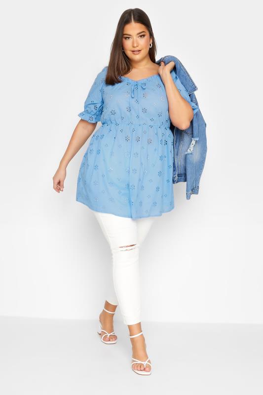 YOURS Plus Size Curve Blue Broderie Anglaise Peplum Top | Yours Clothing  3