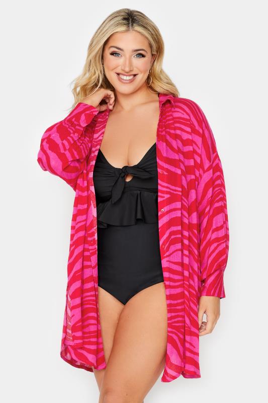 YOURS Plus Size Pink Animal Print Crinkle Beach Shirt | Yours Clothing 1