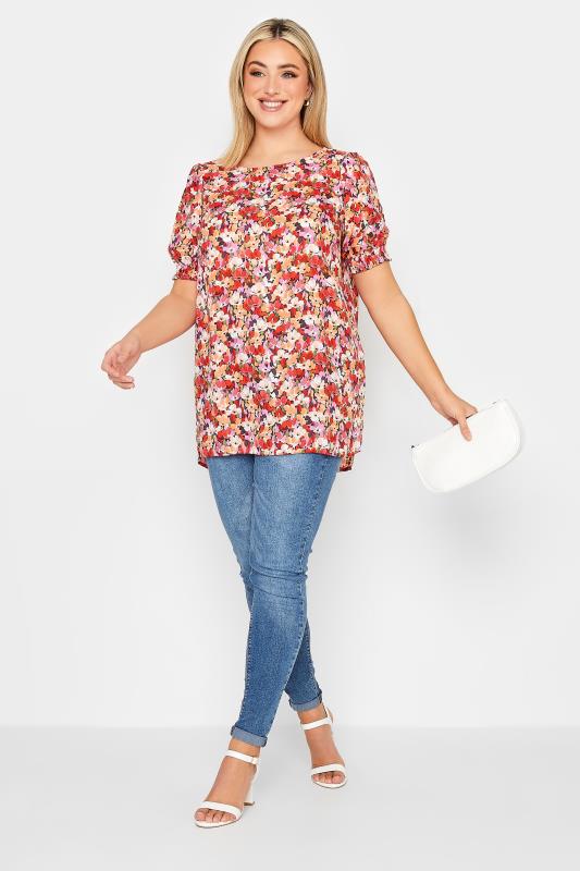 YOURS Curve Plus Size Orange Floral Short Sleeve Blouse | Yours Clothing 2