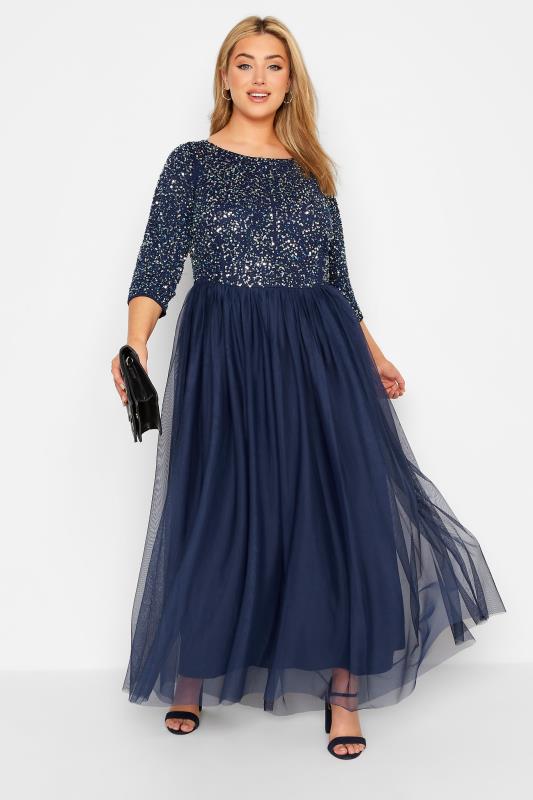  Grande Taille LUXE Curve Navy Blue Sequin Hand Embellished Maxi Dress