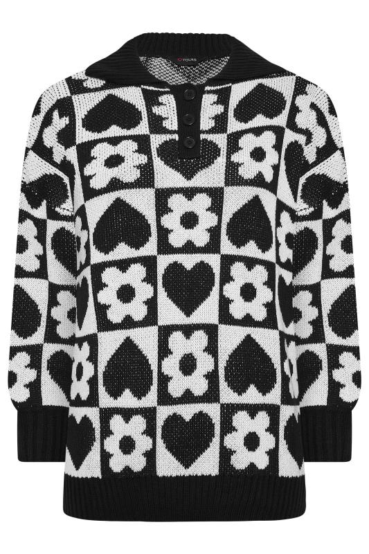 Plus Size White & Black Floral Heart Print Knitted Jumper | Yours Clothing 6