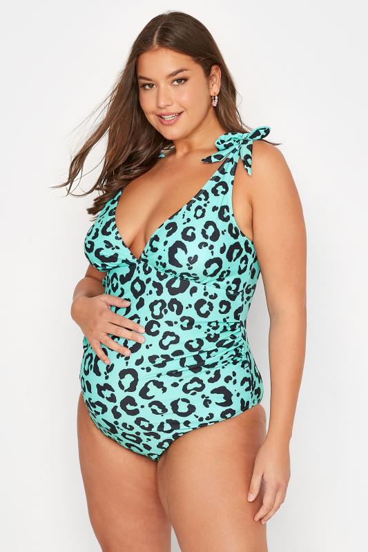 BUMP IT UP MATERNITY  Plus Size Blue Leopard Print Low Cut Swimsuit Sizes 16-32 1