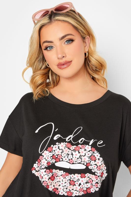 YOURS Curve Plus Size Black 'J'adore' Slogan Lips Foil Print T-Shirt | Yours Clothing 4