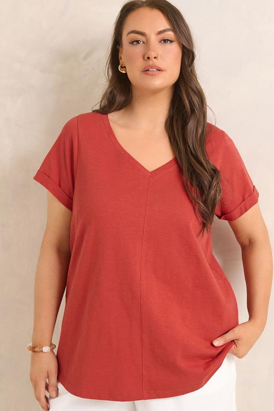 EVANS Plus Size Rust Orange V Neck Cotton T-Shirt | Evans 1