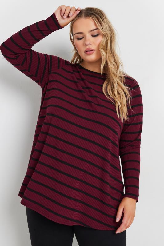  Tallas Grandes YOURS Curve Burgundy Red Stripe Long Sleeve Swing Top