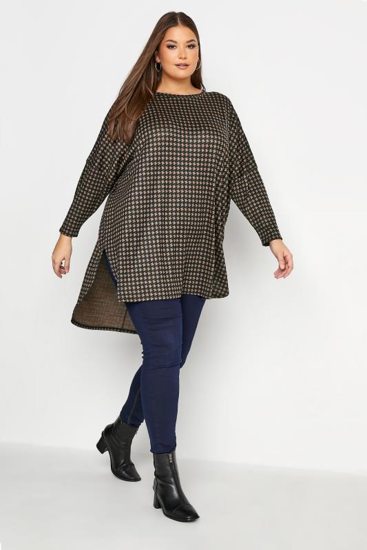 Plus Size Black & Brown Dogtooth Check Dip Back Knitted Jumper | Yours Clothing 2
