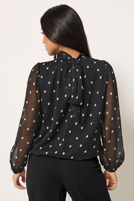 M&Co Petite Black Spot Print Tie Neck Chiffon Blouse | M&Co 2