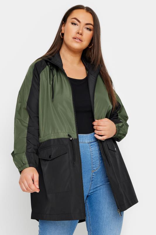 Plus Size  YOURS Curve Khaki Green Colour Block Drawstring Lightweight Parka Jacket