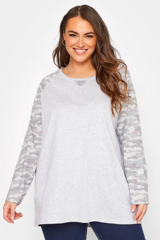 Plus Size Grey Marl Camo Print Long Sleeve T-Shirt | Yours Clothing 1