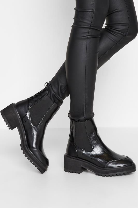  dla puszystych LTS Black Chunky Chelsea Croc Heel Boot In Standard D Fit